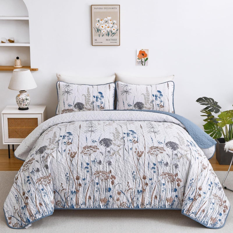 Dobuyly Blue Quilt Queen Size Floral Botanical Queen Quilt Bedding Set 3 Pieces Soft Lightweight Microfiber Brown Flower Bedspread Coverlet Set for All Season 96x90