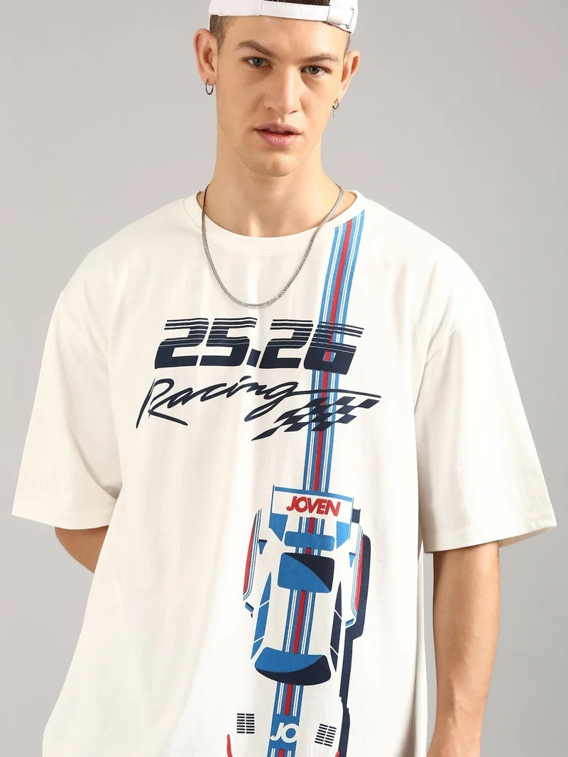 Joven Men White Printed Pure Cotton Oversized T-Shirt