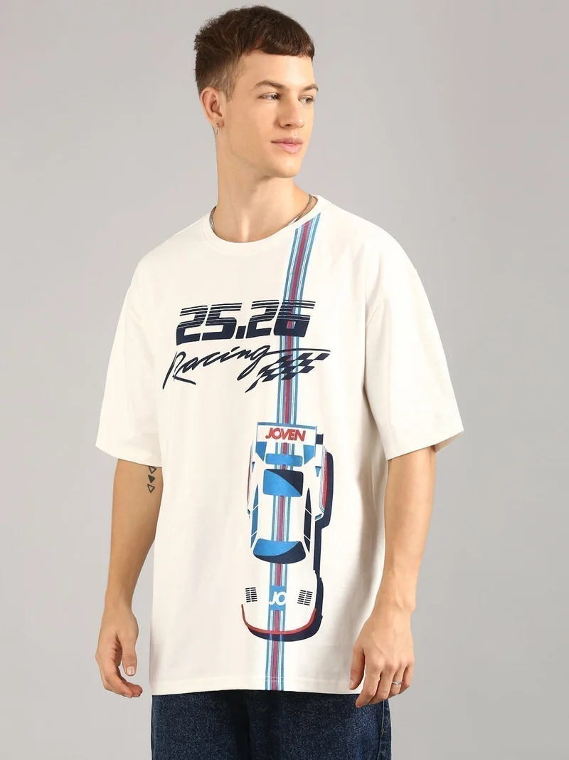 جوفن تيشيرت قطن أبيض مطبوع رجالي مقاس كبير