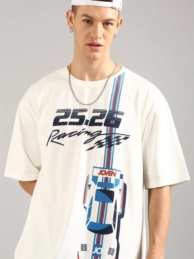 Joven Men White Printed Pure Cotton Oversized T-Shirt