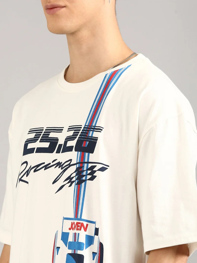 Joven White Men White Printed Pure Cotton Oversized T-Shirt for Men | Best Price UAE