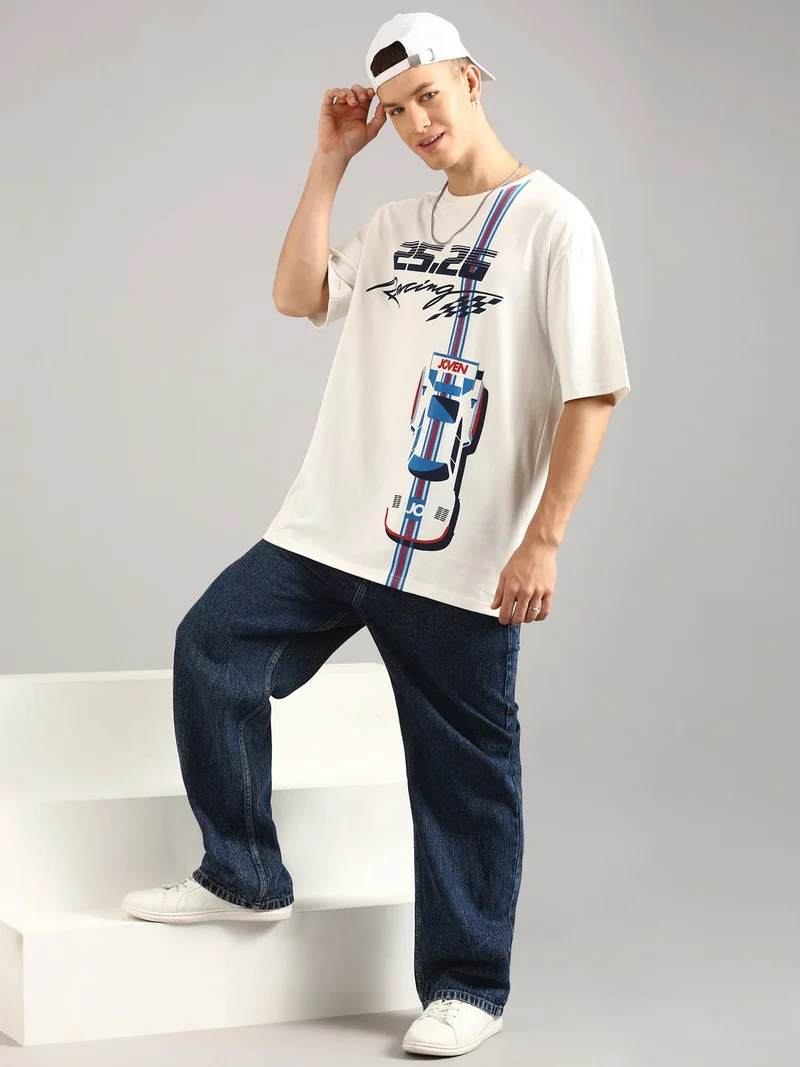 Joven White Men White Printed Pure Cotton Oversized T-Shirt for Men | Best Price UAE