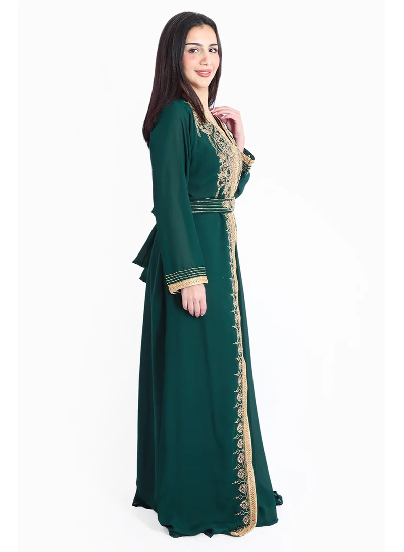 IKKXA Crystal Craft Dazzling Threadwork Green Kaftan IKW1110