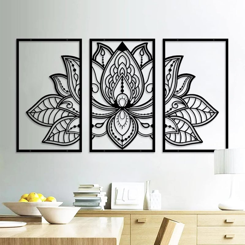Resama 3 Pcs Lotus Flower Wall Art Decor Metal Mandala Wall Decor Unique Lotus Flower Wall Art for Living Room Bedroom Office and Yoga Room Hanging DecorBlack