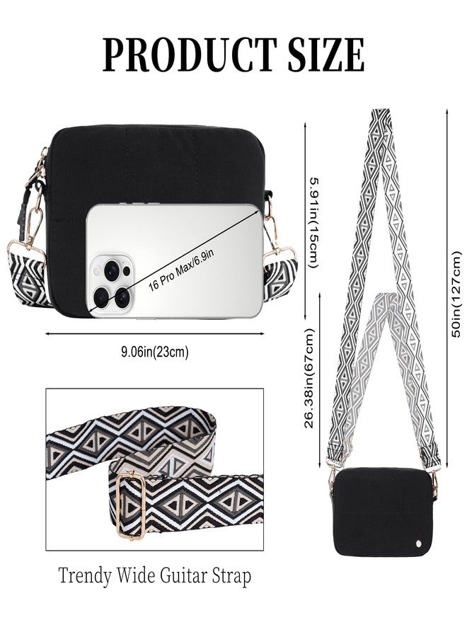 Toptime Quilted Crossbody Bags for Women, Nylon Shoulder Bag with Adjustable Guitar Strap Lightweight Puffer Travel Purse Black - Image 2