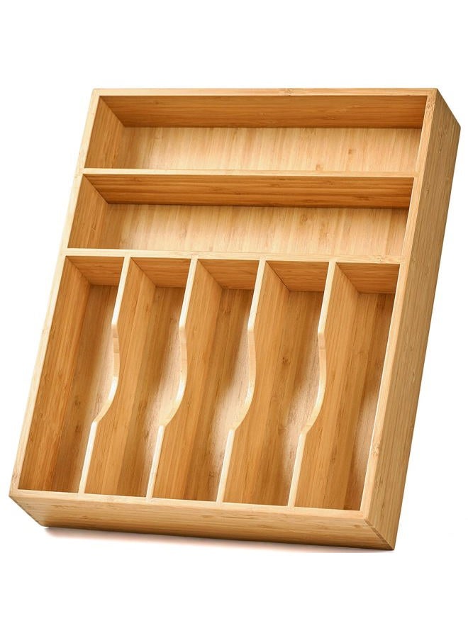 Umilife Rustic Natural Minimalist 7 Slot Bamboo Kitchen Drawer Organizer, Silverware Tray Holder, Non-Slip Feet, 13 Inch, 2.5 Inch Deep - Image 1