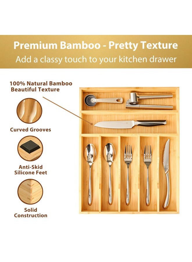 Umilife Rustic Natural Minimalist 7 Slot Bamboo Kitchen Drawer Organizer, Silverware Tray Holder, Non-Slip Feet, 13 Inch, 2.5 Inch Deep - Image 2