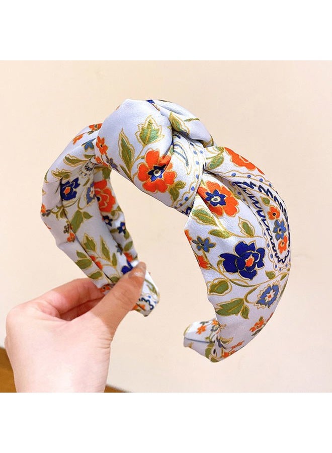 Fashion Women Knotted Jeweled Headband Crystal Embellished Mixed Top Hairband ladies Twist Nylon Hair Accessories for Girls (Print - Blue) - Image 2