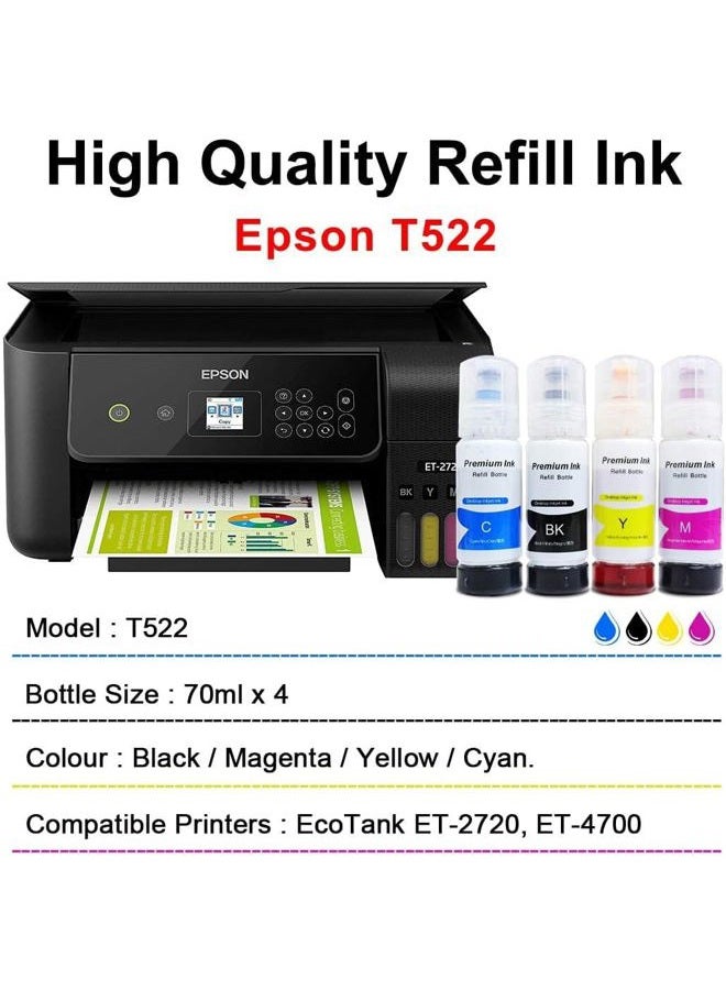 Printers Jack Compatible T522 Refill Ink Bottle Kit for EcoTank ET-2720, ET-4700, Ink with Black, Cyan, Magenta, Yellow 4-Pack ( Regular Refilled Ink ) - Image 3