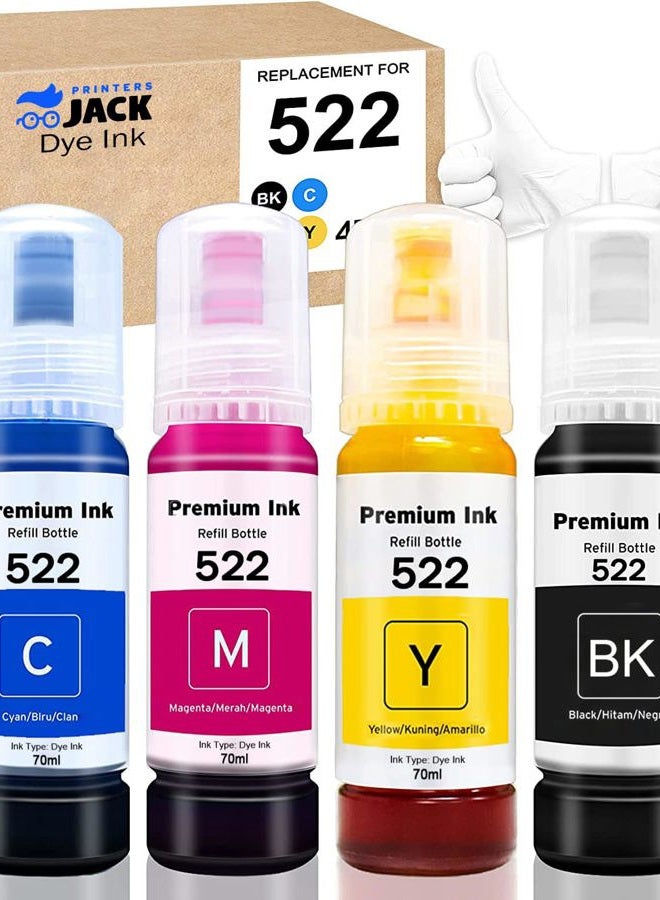 Printers Jack Compatible T522 Refill Ink Bottle Kit for EcoTank ET-2720, ET-4700, Ink with Black, Cyan, Magenta, Yellow 4-Pack ( Regular Refilled Ink ) - Image 1