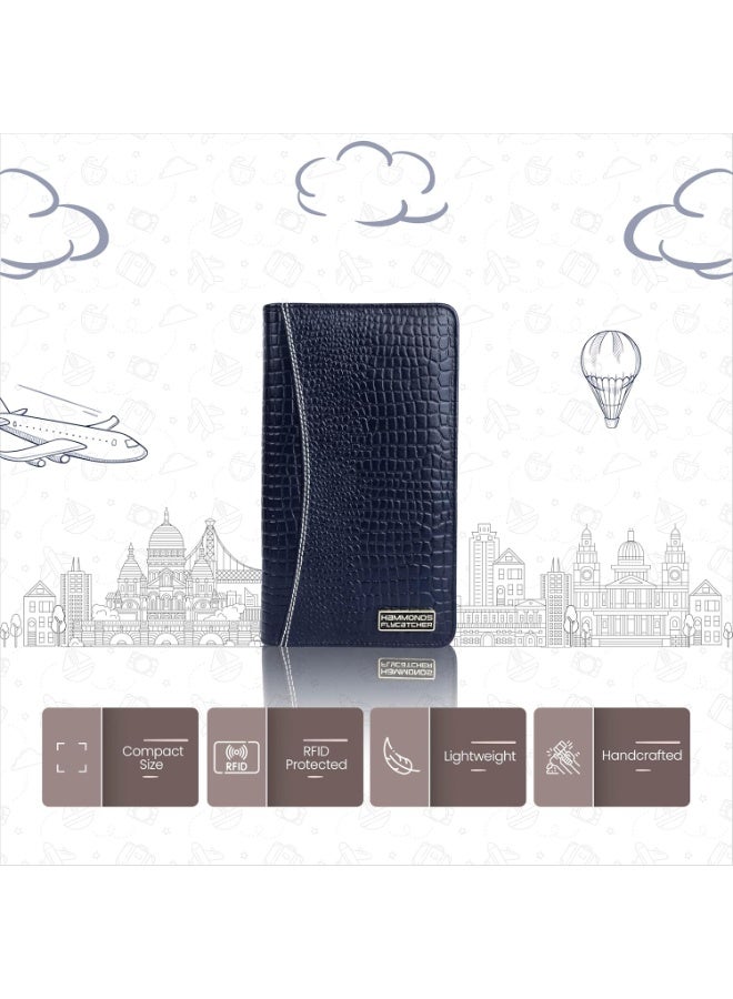  هاموندز فلاي كاتشر غطاء جواز سفر جلدي للرجال، غطاء جواز سفر للنساء، حامل جواز سفر بتقنية تحديد الهوية بموجات الراديو للرجال، ملحقات سفر للرجال، حقيبة جواز سفر للرجال، 7 فتحات لبطاقات الصراف الآلي، لون أزرق من جلد التمساح - Image 2