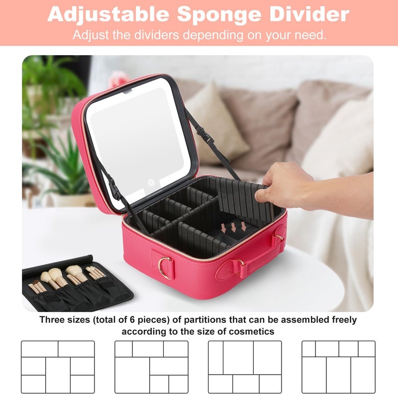 Mocado Travel Makeup Bag with LED Lighted Mirror,Travel Makeup Organizer,Makeup Case with 3 Color Lighted Setting and 10x Magnifying Mirror,Portable Storage and Adjustable Dividers Makeup Box(Red) - Image 5