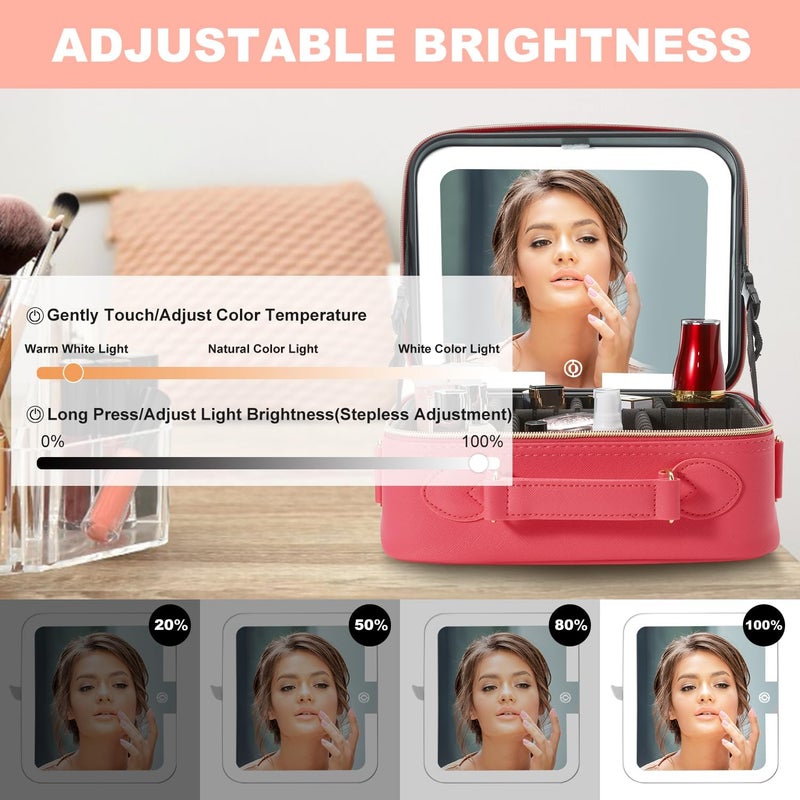 Mocado Travel Makeup Bag with LED Lighted Mirror,Travel Makeup Organizer,Makeup Case with 3 Color Lighted Setting and 10x Magnifying Mirror,Portable Storage and Adjustable Dividers Makeup Box(Red) - Image 4