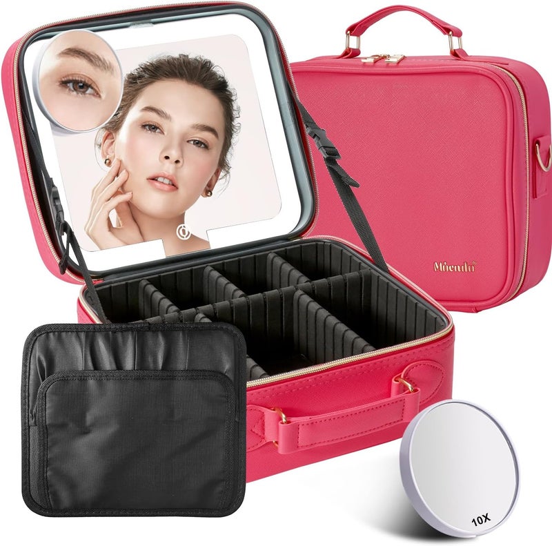 Mocado Travel Makeup Bag with LED Lighted Mirror,Travel Makeup Organizer,Makeup Case with 3 Color Lighted Setting and 10x Magnifying Mirror,Portable Storage and Adjustable Dividers Makeup Box(Red) - Image 1