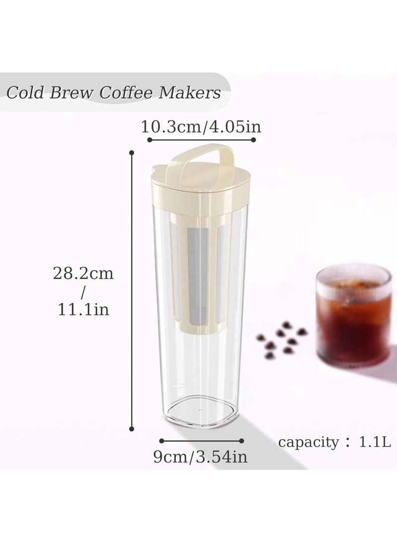 Zikra Cold Brew Coffee Maker with Removable Nylon Filter Net, 1100ML PP Coffee Cups with Top Handle Style, Manual Cold Brew Coffee Maker, Ice Fruit Teapot Filter, Beige - Image 2
