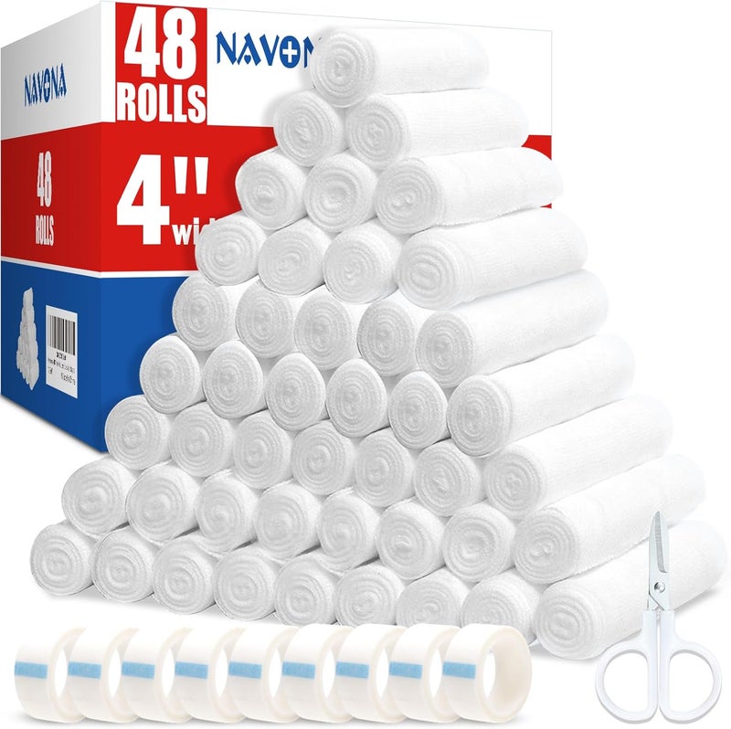 Navona 48 Pack Gauze Rolls Bandages, 4 in x 4.1 Yards, Individually Wrapped Breathable Rolled Gauze, Mummy Wraps, Premium First Aid Supplies & Medical Supplies for Wounds