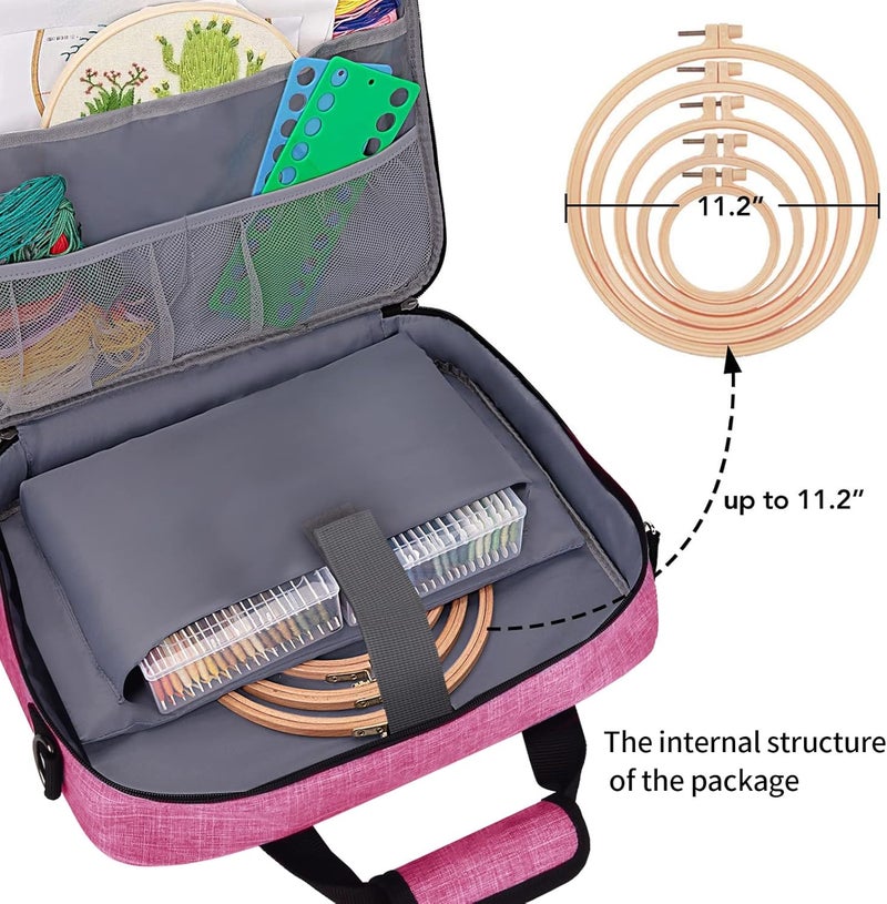 BAGLHER Cross Stitch & Embroidery Organizer Bag - Large Portable Project Storage with 3 Compartments, Travel Friendly Carrying Case for 11.2" Hoops, Threads, Supplies (Pink) - Image 3