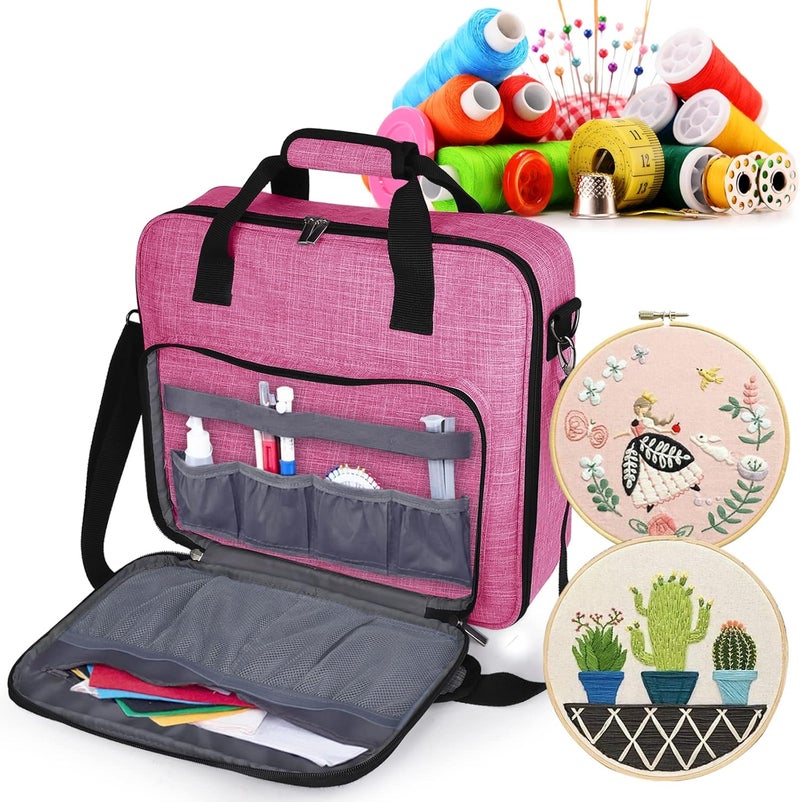 BAGLHER Cross Stitch & Embroidery Organizer Bag - Large Portable Project Storage with 3 Compartments, Travel Friendly Carrying Case for 11.2" Hoops, Threads, Supplies (Pink) - Image 2