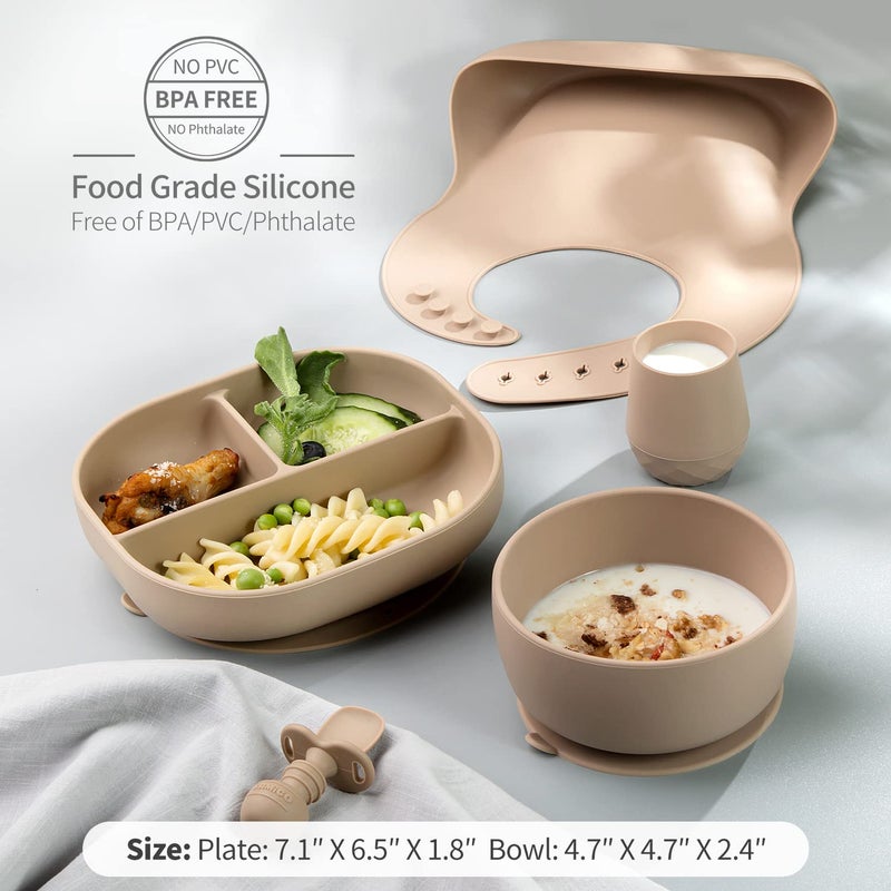 SAMiGO Silicone Baby Feeding Set, Baby Led Weaning Supplies, Suction Bowl Plate Bib Cup Self Feeding Spoons, Solid Food Eating Essentials, First Stage Utensils, 6+ Months - Image 4