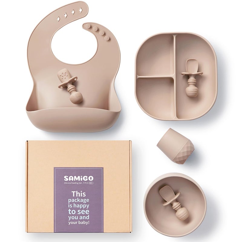 SAMiGO Silicone Baby Feeding Set, Baby Led Weaning Supplies, Suction Bowl Plate Bib Cup Self Feeding Spoons, Solid Food Eating Essentials, First Stage Utensils, 6+ Months - Image 1
