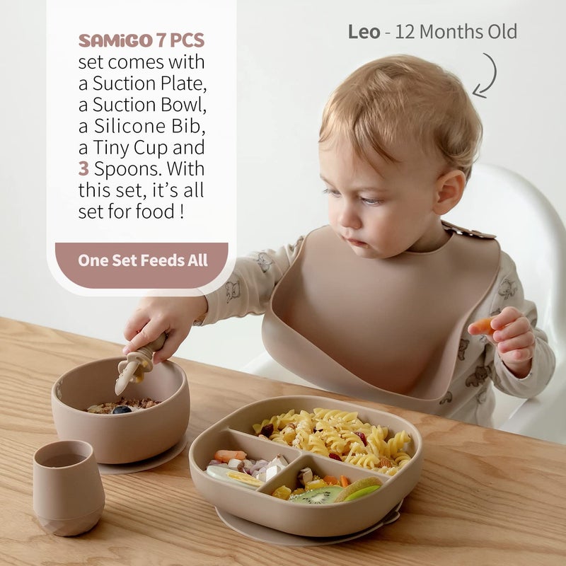 SAMiGO Silicone Baby Feeding Set, Baby Led Weaning Supplies, Suction Bowl Plate Bib Cup Self Feeding Spoons, Solid Food Eating Essentials, First Stage Utensils, 6+ Months - Image 2