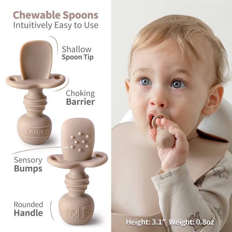 SAMiGO Silicone Baby Feeding Set, Baby Led Weaning Supplies, Suction Bowl Plate Bib Cup Self Feeding Spoons, Solid Food Eating Essentials, First Stage Utensils, 6+ Months - Image 5