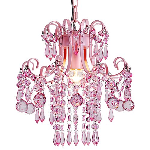 QS Q&S Mini Crystal Chandelier, Modern Pink Chandelier,Small Hanging Light Fixture for Princess Room Dressing Room Bathroom Clothing Store Salon W11.8 1 Light E26. UL Listed - Image 1