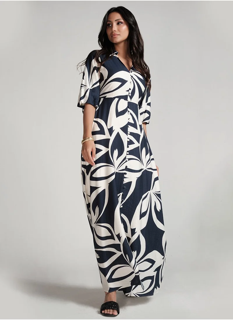 Zigzag Front Buttoned Blue Printed Maxi Dress