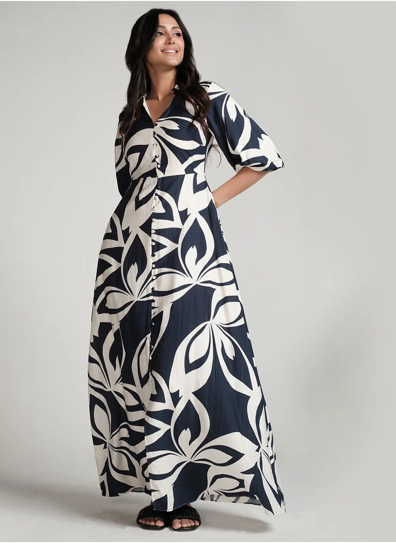 Zigzag Front Buttoned Blue Printed Maxi Dress