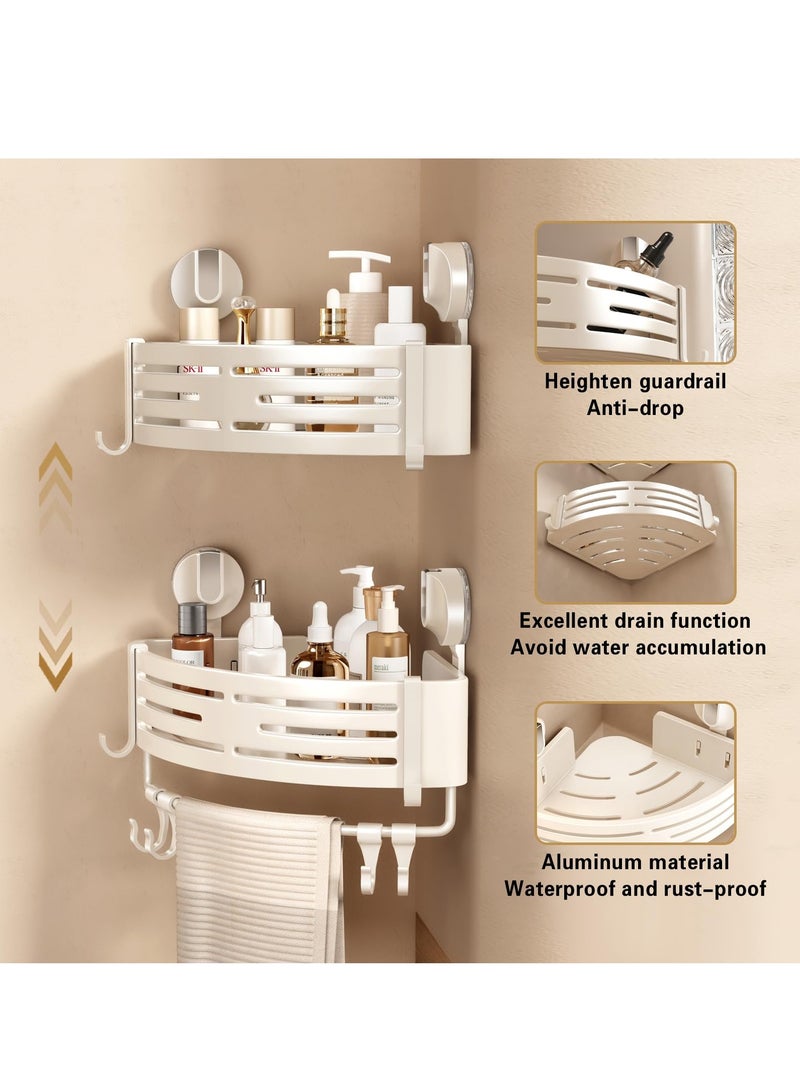 مجموعة مكونة من قطعتين من حامل الدش الزاوي مع كوب شفط ورف دش زاوي بدون حفر ومنظم دش الحمام ورف تخزين لاصق مع قضيب منشفة، عاجي - Image 3