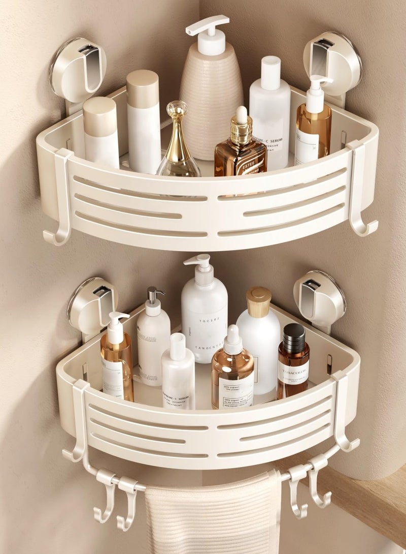 مجموعة مكونة من قطعتين من حامل الدش الزاوي مع كوب شفط ورف دش زاوي بدون حفر ومنظم دش الحمام ورف تخزين لاصق مع قضيب منشفة، عاجي - Image 1