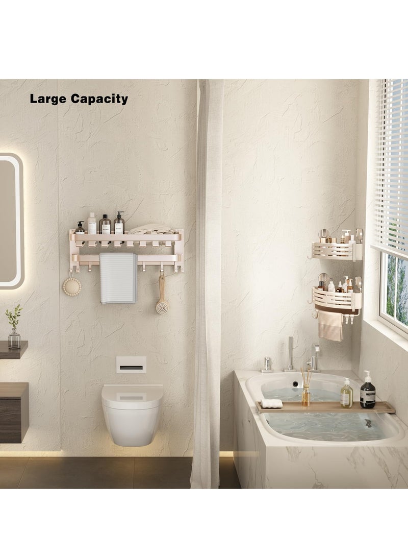 مجموعة مكونة من قطعتين من حامل الدش الزاوي مع كوب شفط ورف دش زاوي بدون حفر ومنظم دش الحمام ورف تخزين لاصق مع قضيب منشفة، عاجي - Image 2