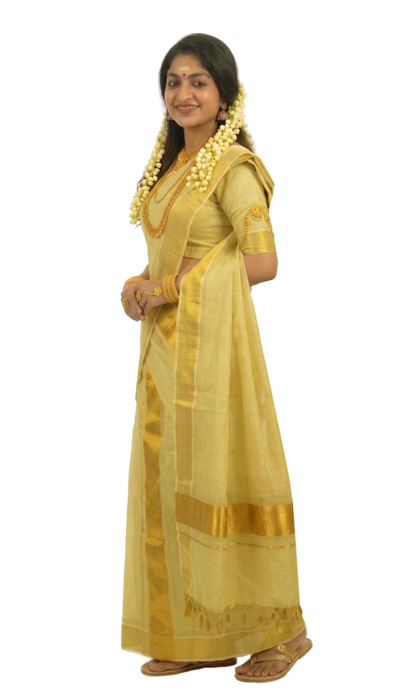 YETTALAN® Women's Kerala Traditional Gold Tissue Kasavu Set Mundu With Tassels 2.00x2.80 Meters (PLAIN GOLD) - Image 4