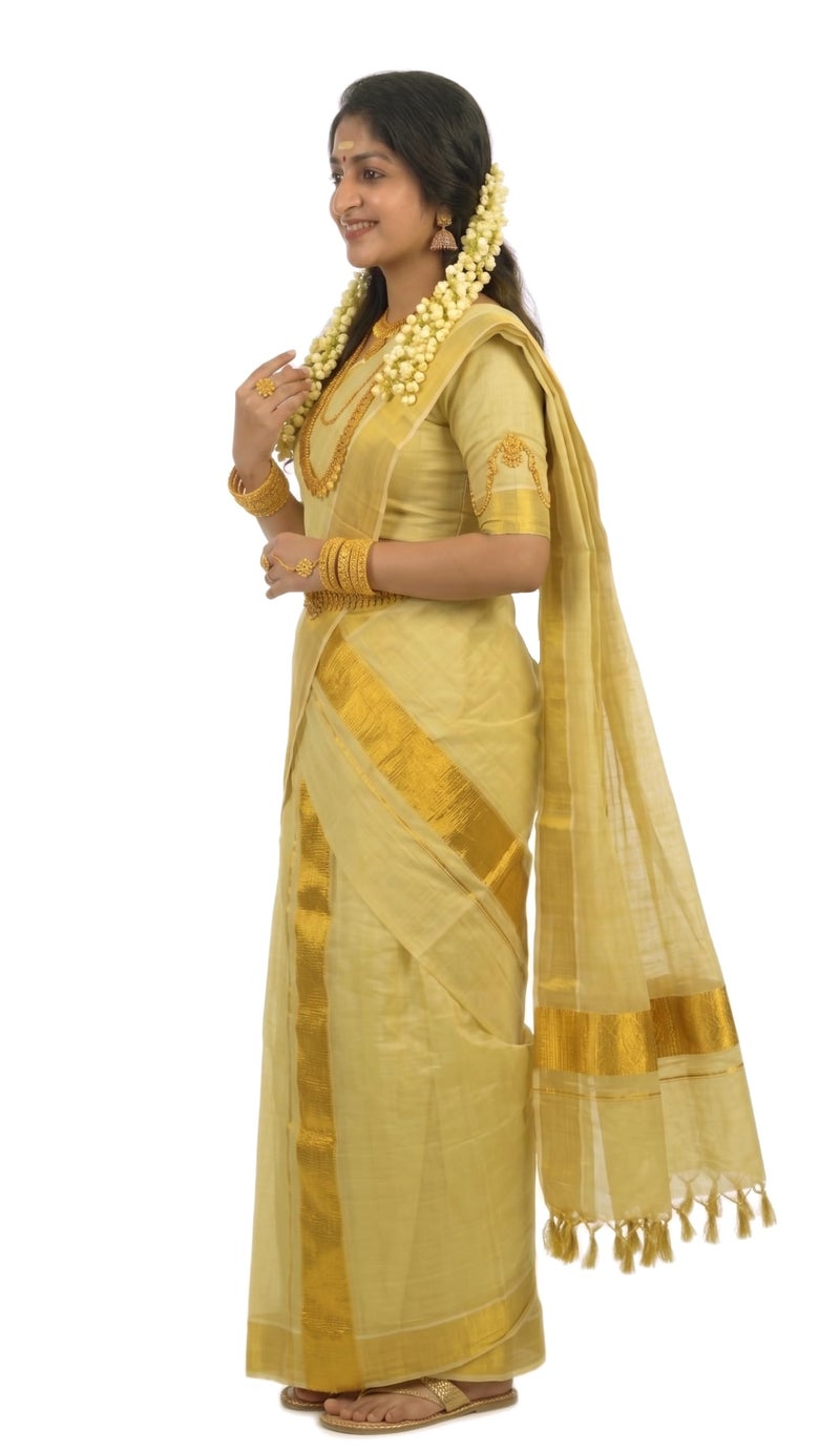 YETTALAN® Women's Kerala Traditional Gold Tissue Kasavu Set Mundu With Tassels 2.00x2.80 Meters (PLAIN GOLD) - Image 5