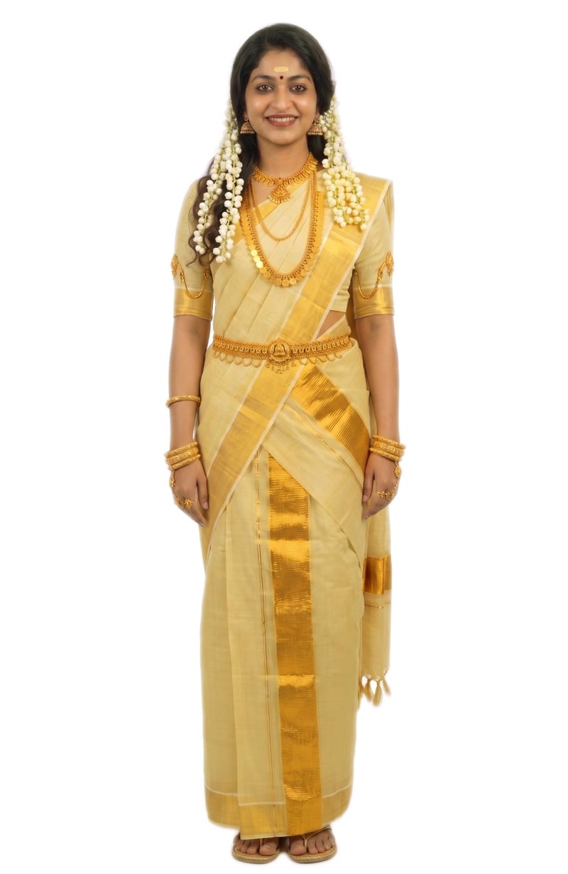 YETTALAN® Women's Kerala Traditional Gold Tissue Kasavu Set Mundu With Tassels 2.00x2.80 Meters (PLAIN GOLD) - Image 1