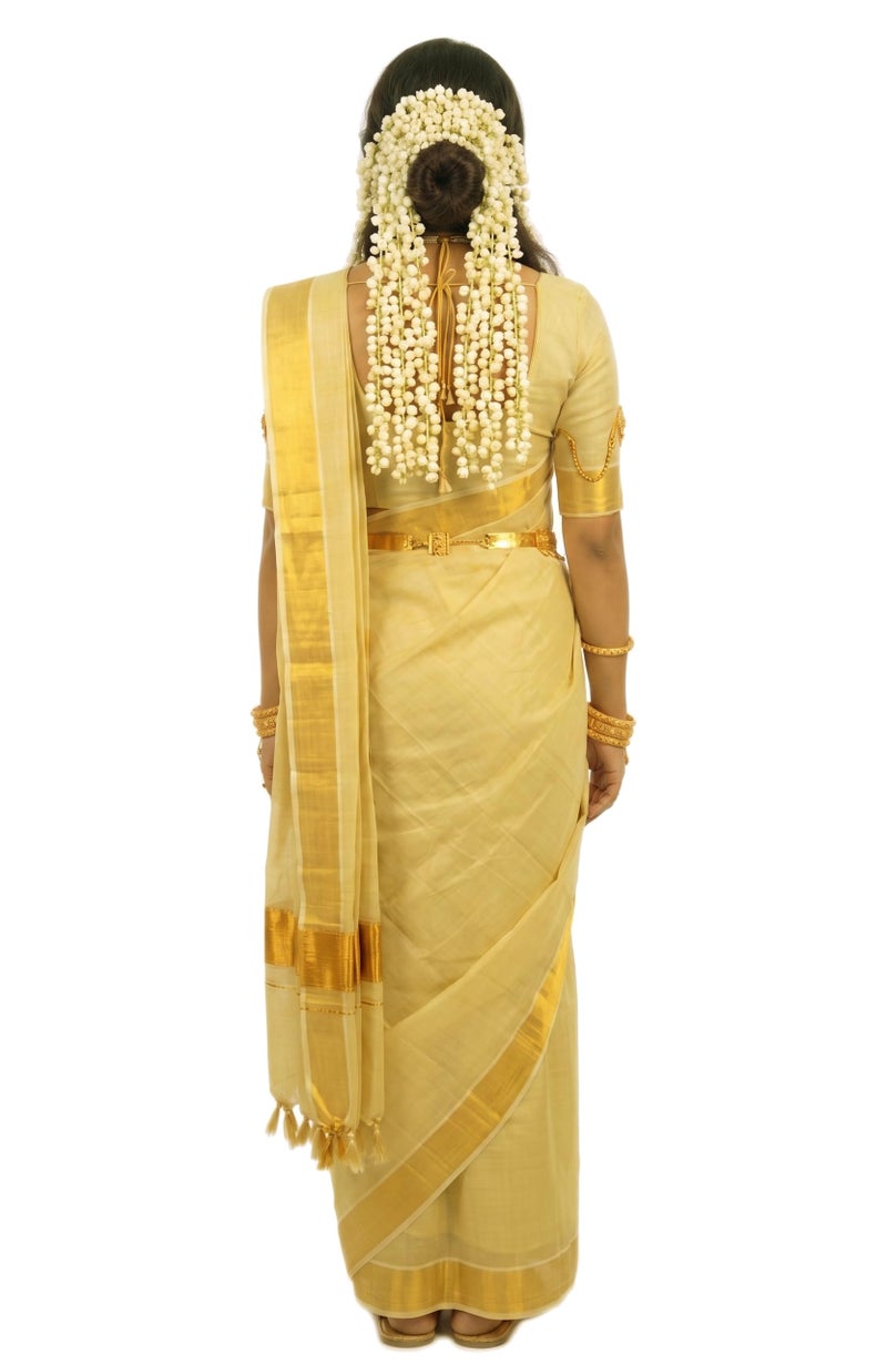 YETTALAN® Women's Kerala Traditional Gold Tissue Kasavu Set Mundu With Tassels 2.00x2.80 Meters (PLAIN GOLD) - Image 2