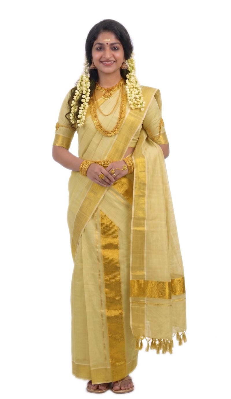 YETTALAN® Women's Kerala Traditional Gold Tissue Kasavu Set Mundu With Tassels 2.00x2.80 Meters (PLAIN GOLD) - Image 3