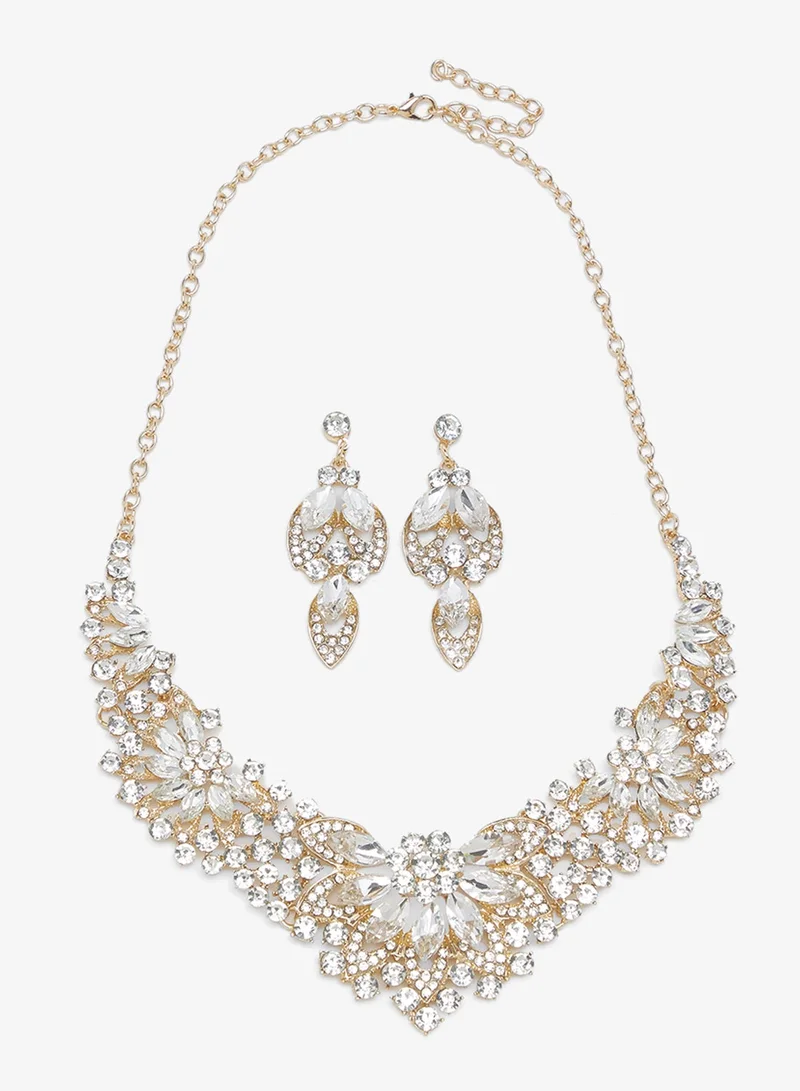Khizana Gold Diamonte Rhinestone Drop Down Jewelry Set Necklace Earrings