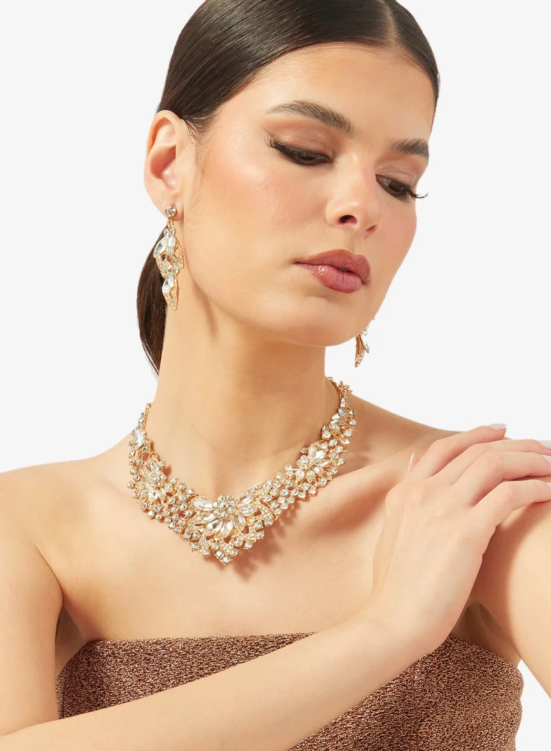 Khizana Gold Diamonte Rhinestone Drop Down Jewelry Set Necklace Earrings