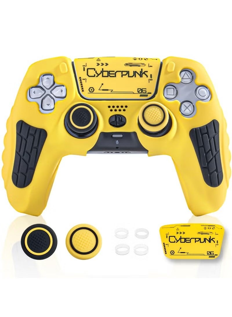 PS5 Controller Cover Case, Anti Slip Silicone Cover, Skin Compatible with Playstation5 Controller with Thumb Grip Caps, Joystick Protectors and Cover Wrap Sticker, Cyberpunk Design, Yellow  - Image 1
