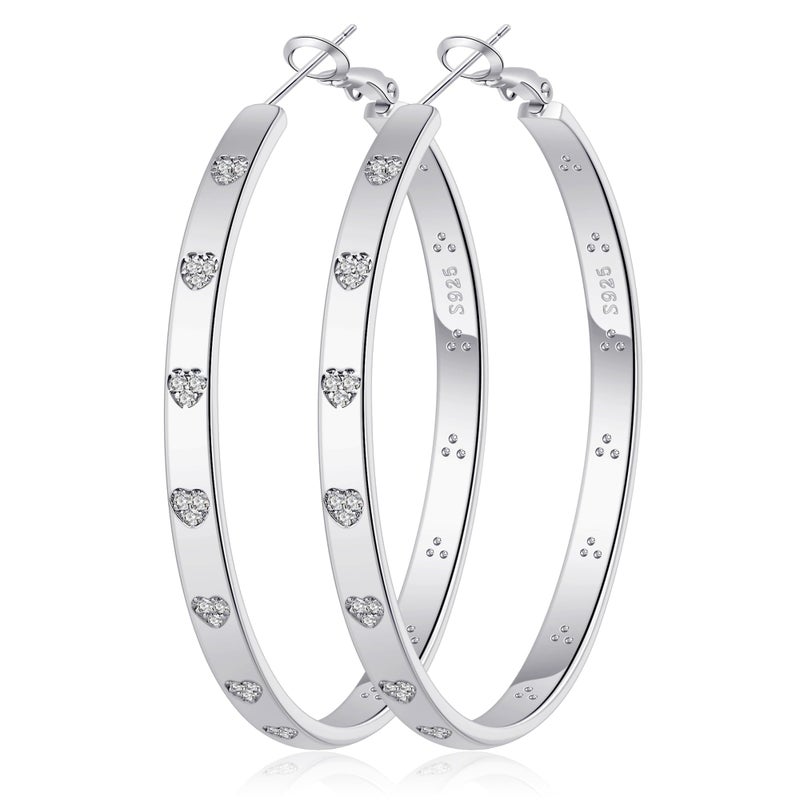 BMMYE Sterling Silver Hoop Earrings for Women Lightweight Gold Hoop Earrings with Heart Cubic Zirconia 50mm Hypoallergenic Hoops - Image 1
