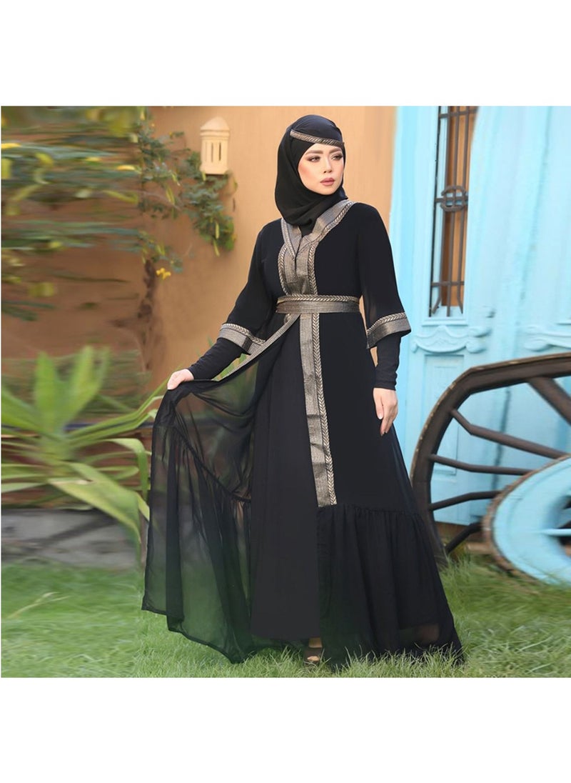 فول جوي - عباية  طبقتين من الشيفون الزبدة بأكمام طويلة  مع طرحة منفصلة  ,أسود -بني - Image 1