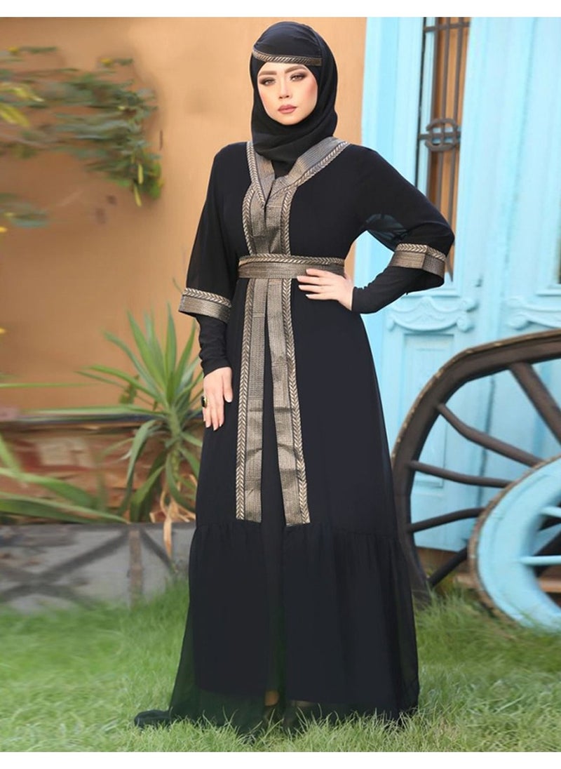 فول جوي - عباية  طبقتين من الشيفون الزبدة بأكمام طويلة  مع طرحة منفصلة  ,أسود -بني - Image 1