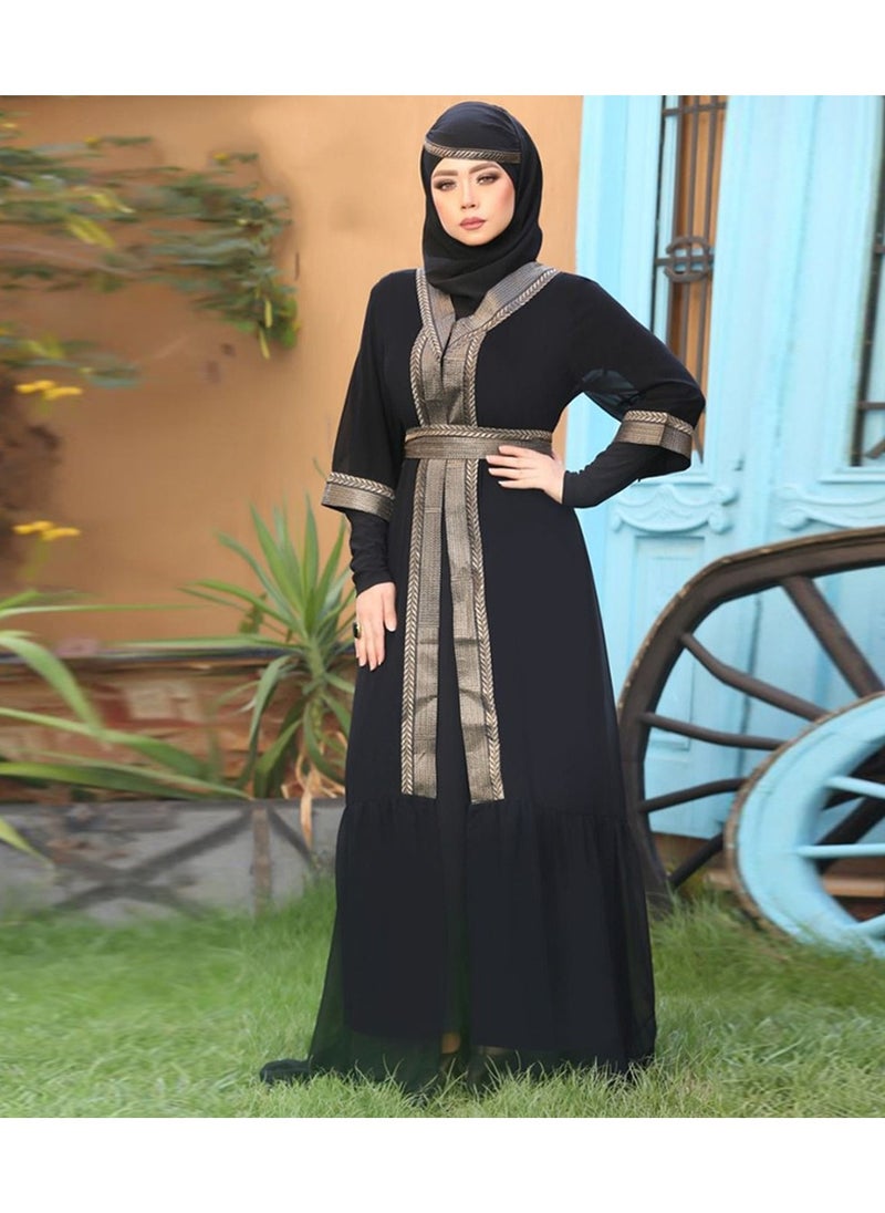 فول جوي - عباية  طبقتين من الشيفون الزبدة بأكمام طويلة  مع طرحة منفصلة  ,أسود -بني - Image 1