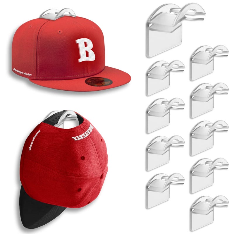 BRATEAYA Hat Hangers for Wall, Stronge Adhesive Hat Holders Display, No Driling Caps Holder Organizer, 10 Pack Hat Hook for Baseball Caps, Wall Mounted Cap Rack, Clear - Image 1