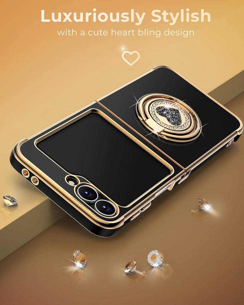 XYZ for Samsung Galaxy Z Flip 6 case with Stand,Z Flip 5 Phone Case with Double Ring & Strap,Women Girls Cute Love-Heart Luxury Bling Protective Cover Heart for Samsung Z Flip 6/5, Black - Image 5
