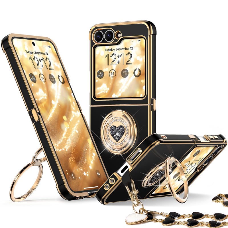 XYZ for Samsung Galaxy Z Flip 6 case with Stand,Z Flip 5 Phone Case with Double Ring & Strap,Women Girls Cute Love-Heart Luxury Bling Protective Cover Heart for Samsung Z Flip 6/5, Black - Image 1