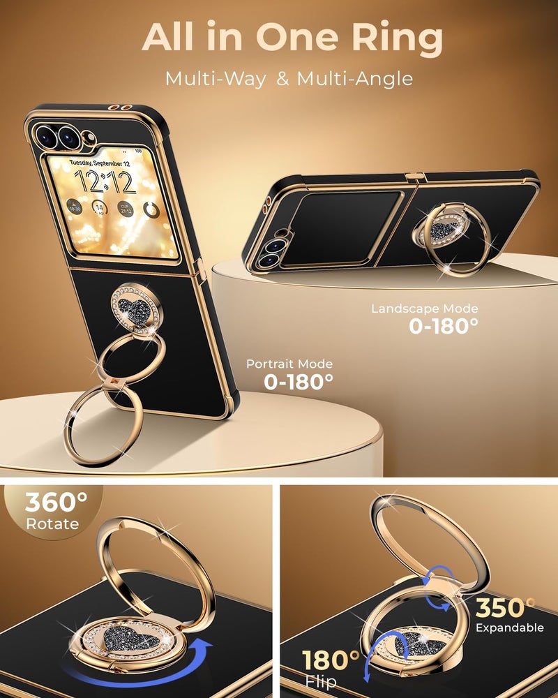 XYZ for Samsung Galaxy Z Flip 6 case with Stand,Z Flip 5 Phone Case with Double Ring & Strap,Women Girls Cute Love-Heart Luxury Bling Protective Cover Heart for Samsung Z Flip 6/5, Black - Image 3