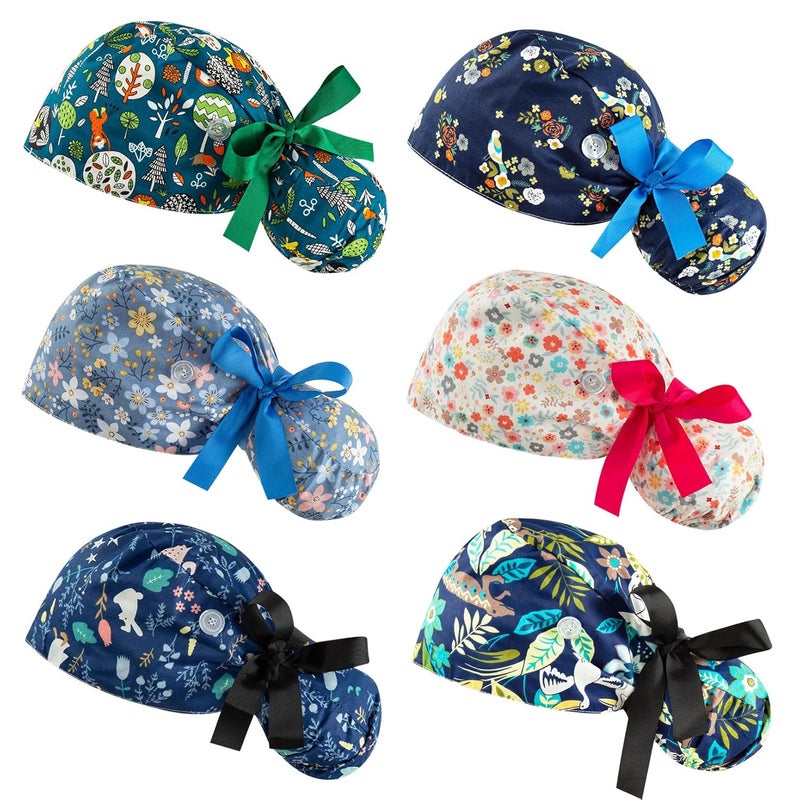 YEAJOIN Scrub Caps Women Bouffant Scrub Hats Caps Nurses, Adjustable Working Cap Ponytail Pouch Tie Back Hats