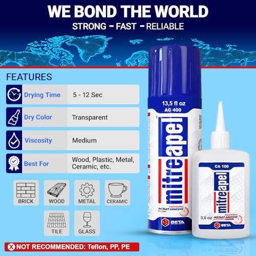 MITREAPEL CA Glue with Activator Kit 2x3.5oz-2x13.5fl oz Instant Bond Professional Cyanoacrylate Adhesive and Super Glue Accelerator for Woodworking with Extra Caps&Microtips,DIY&Craft, Plastic,Repair - Image 4